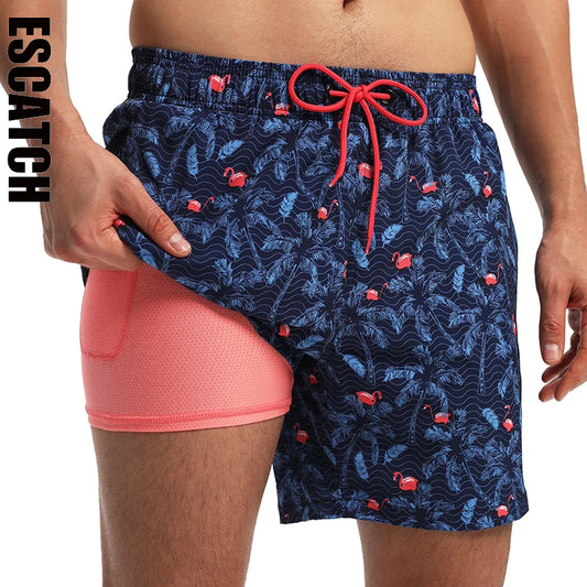 ESCATCH 2025 New Arrival Mens Swimming Trunks Compression Liner 2 in 1 Printing Quick-Dry Gym Sports Mens Shorts Zipper Pockets