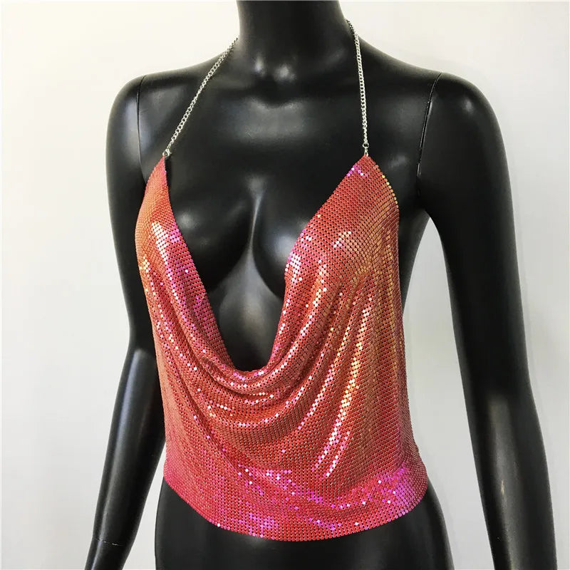Sexy Metal Sequins Tank Top For Women 2025 Summer V Neck Backless Crop Tops Luxury Solid Short Party Nightclub Tank Tops