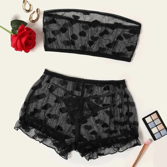 Strapless Bra Set Women Intimates Sheer Gauze Ruffles Lingerie Set Sexy Underwear Fancy Temptation Erotic Lingerie Bikini