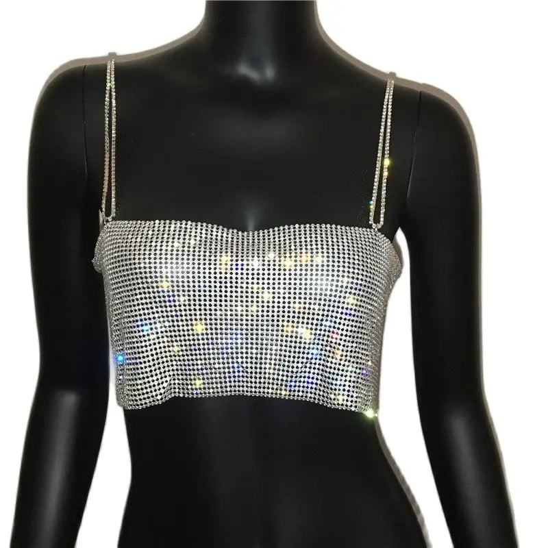 FestivalQueen 2023 Sequin Shiny Crystal Chain Tank Top Glitter Metal Mesh Halter Metallic Strap Crop Tops Festival  Party Sexy W