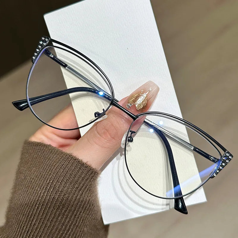 2025 new exquisite diamond studded metal eyeglass frame for women anti blue light glasses fashionable cat eye computer goggles