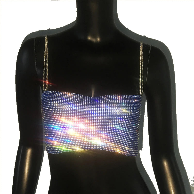 FestivalQueen 2023 Sequin Shiny Crystal Chain Tank Top Glitter Metal Mesh Halter Metallic Strap Crop Tops Festival  Party Sexy W