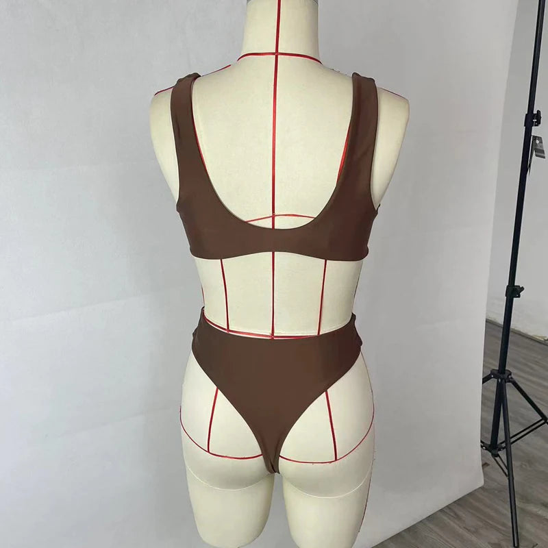 BEACHCICI Women Bikini Two Piece Summer Sexy Simple Solid V neck Suspender Lace Up High Waist Slim Vacation Beach Swimsuit
