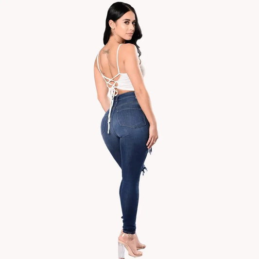 Europe and America Fashion Stretch Washed Ripped Jeans, Women's Spring and Autumn New Slim-fit High-waisted Small Feet Pants