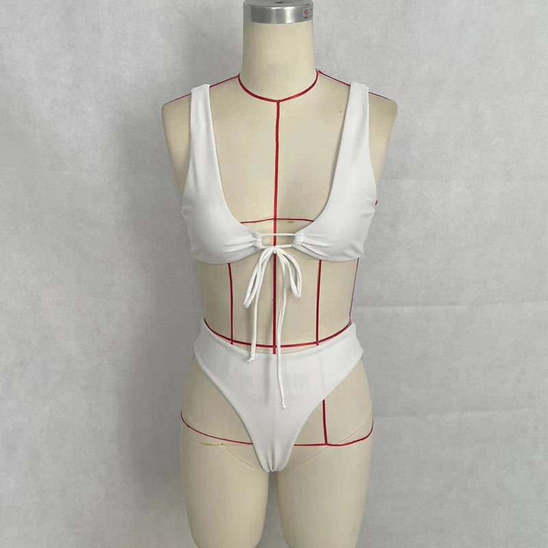BEACHCICI Women Bikini Two Piece Summer Sexy Simple Solid V neck Suspender Lace Up High Waist Slim Vacation Beach Swimsuit