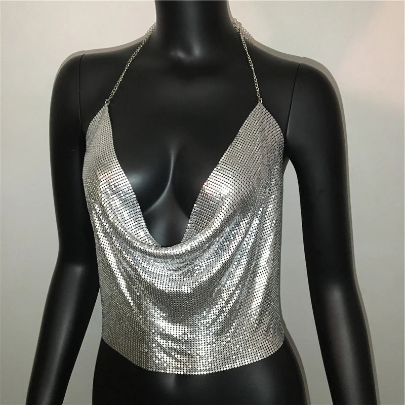 Sexy Metal Sequins Tank Top For Women 2025 Summer V Neck Backless Crop Tops Luxury Solid Short Party Nightclub Tank Tops