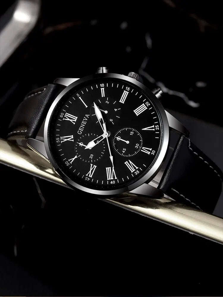 3PCs Fashion Business Casual Men's Belt Quartz Watch with PU Leather Woven Bracelet Necklace Combination Set