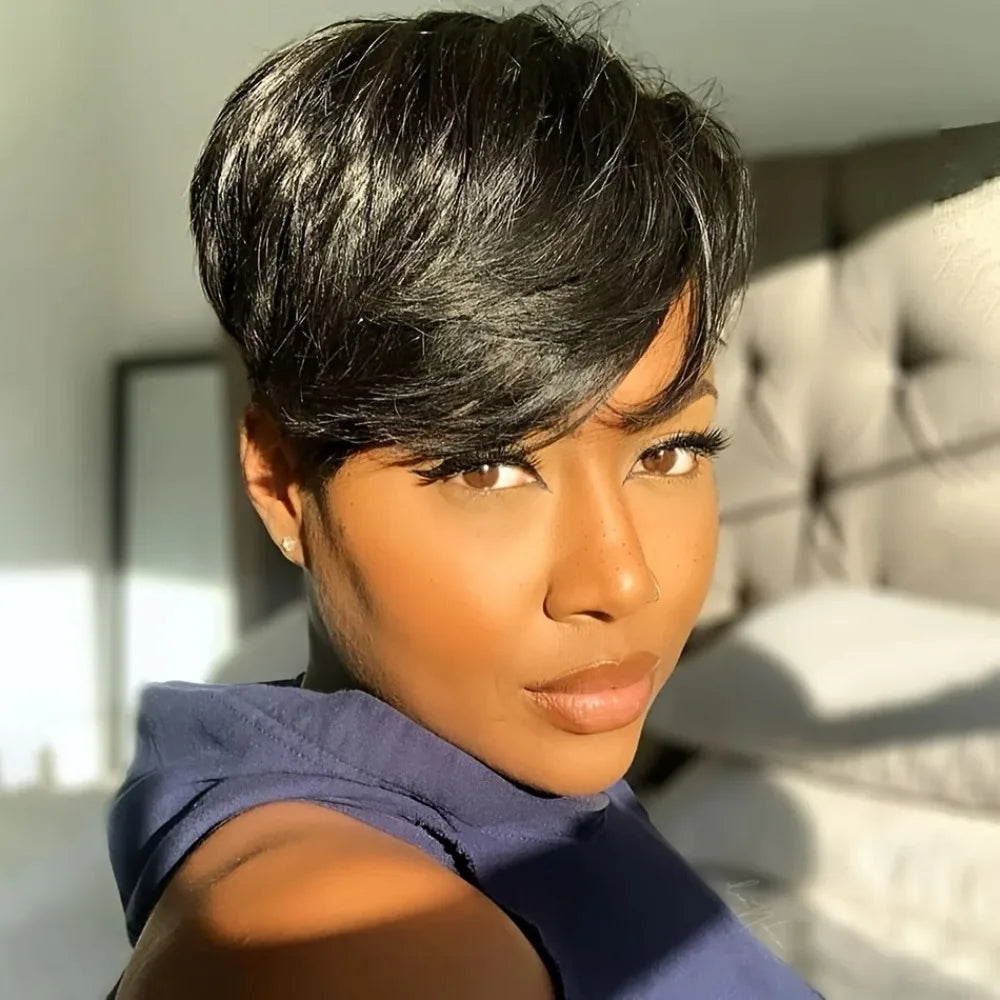 Hair Human Hair Wig For Black Women Pixie Cut Wig Short Bob Straight Human Hair  machine made Wigs With Bangs