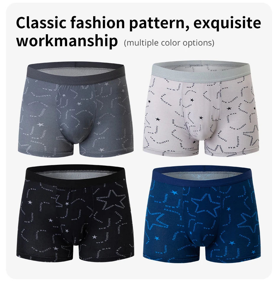 4 Pcs European and American Size MEN'S Printed Fashion Boyshort Comfortable MEN'S Waist plus Size Underwear Sexy Swimming Trunk