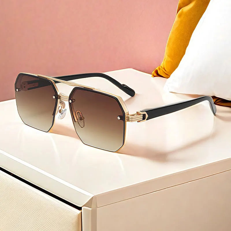 Oversize Retro Double Bridges Polygon Square Metal Men Sunglasses Fashion Gradient Shades UV400 Trending Women Sun Glasses