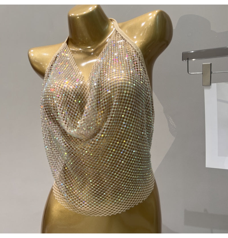 Women's Summer 2023 Sexy Rhinestone Solid Color Camisole Tie Backless Bandage Corset Top Fashion Peplum