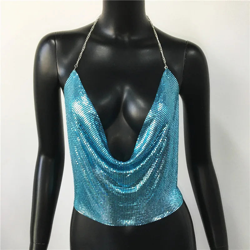 Sexy Metal Sequins Tank Top For Women 2025 Summer V Neck Backless Crop Tops Luxury Solid Short Party Nightclub Tank Tops