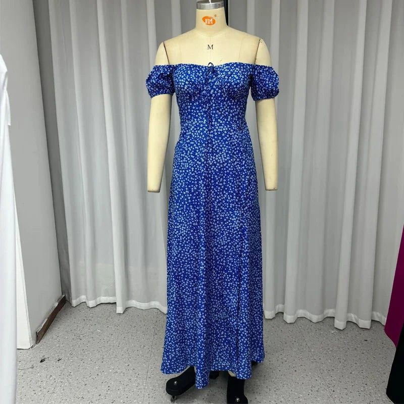 Wefads Women Maxi Dress Elegant Floral Printed Short Sleeve Off Shoulder Tie Up Slit Slim Beach Long Dresses Streetwear