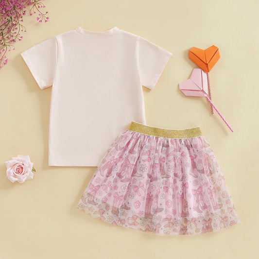 Infant Girls 2-Piece Summer Set with Short Sleeve Bow Boots Print Top and Tulle Skirt Cute Baby Western Outfit