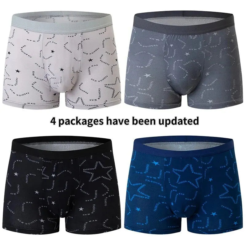 4 Pcs European and American Size MEN'S Printed Fashion Boyshort Comfortable MEN'S Waist plus Size Underwear Sexy Swimming Trunk