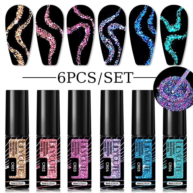 LILYCUTE 6Pcs Colorful Reflective Glitter Nail Art Liner Gel Nail Kit Sparkling Painting Gel Nail Polish Semi Permanent UV Gel