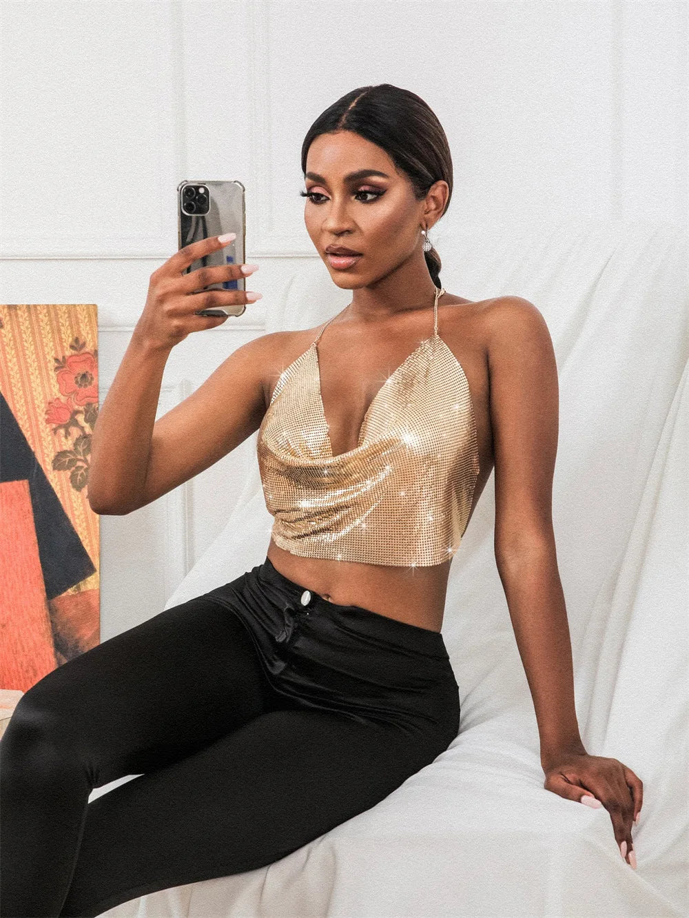 Women's Sexy Metal Sequins Open Back Chain Sling Vest Top Sexy Nightclub Party Tank Tops ﻿