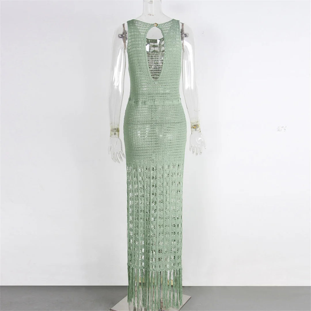 S- XL Fringe Tassel Side Slit Knitted Crochet Dress Hollow Out Boho Maxi Long Dress Beach Cover-ups Beach Dress Beachwear DV3802