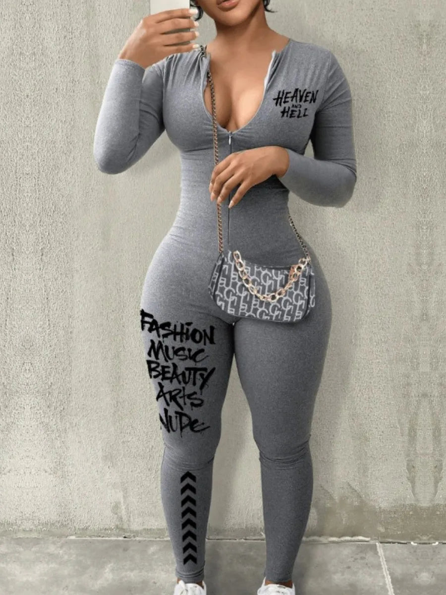 LW Spring Summer Women Casual Fashion V-Neck Long Sleeve Zipper Design Skinny One-Pieces Sportswear Outfits Jumpsuit