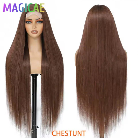 36Inches Straight 4X4 Lace Front Wigs 330Grams Blond 27/613 Chestnut Brown Bio Heat Resistant Fiber Pre Plucked Transparent Lace
