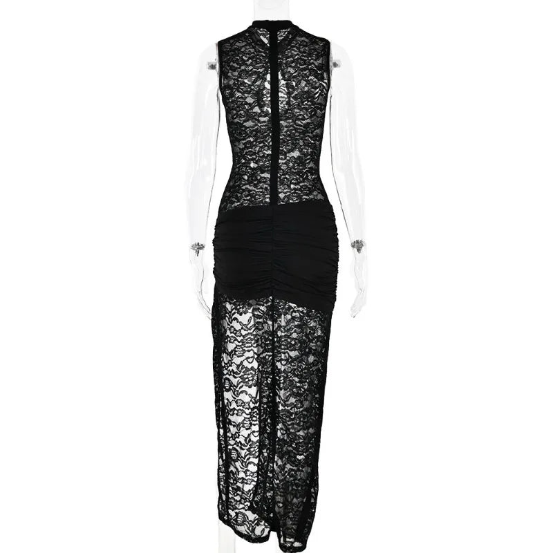 BOOFEENAA See Through Lace Sexy Black Dresses Women 2024 Hollow Out Sleeveless High Split Long Dress Party Club Outfits C92-EI32