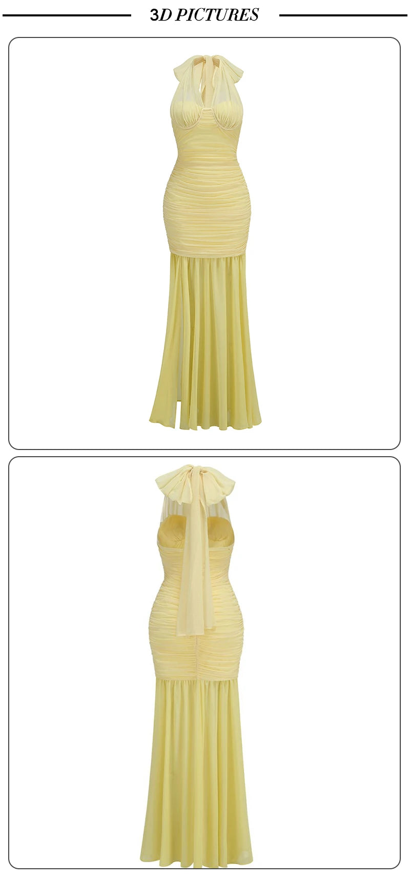 VC Yellow Halter Neck Tie Closure Ruched Long Dress Mesh Key Hole High Slit Pleated Celebrity Birthday Party Cocktail Dress