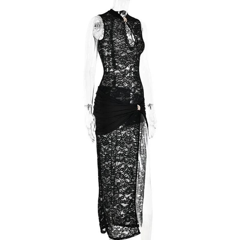 BOOFEENAA See Through Lace Sexy Black Dresses Women 2024 Hollow Out Sleeveless High Split Long Dress Party Club Outfits C92-EI32