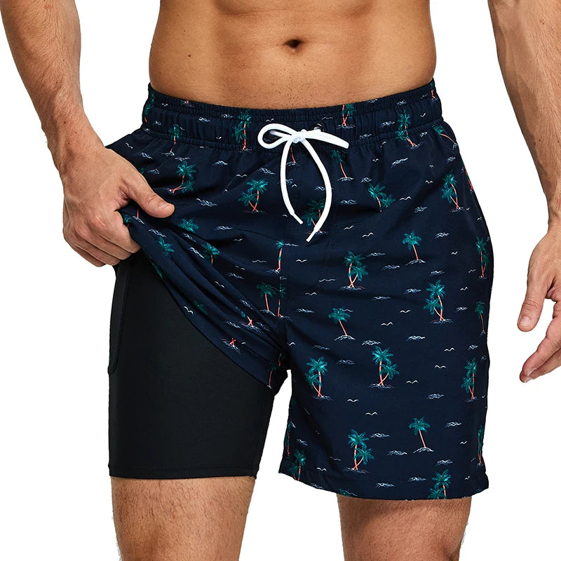 ESCATCH 2025 New Arrival Mens Swimming Trunks Compression Liner 2 in 1 Printing Quick-Dry Gym Sports Mens Shorts Zipper Pockets