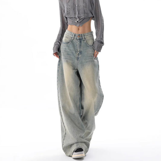 Personality Street Vintage Light Blue Wide-leg Jeans, Spring and Summer New Fashion Casual Loose Floor Length Jeans for Women