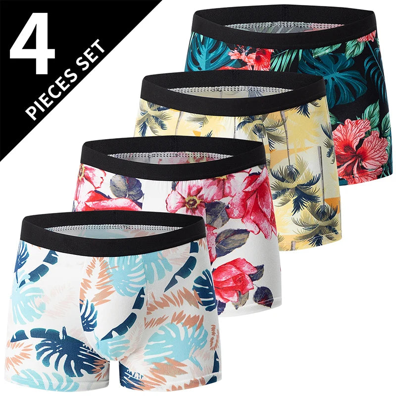 4 Pcs European and American Size MEN'S Printed Fashion Boyshort Comfortable MEN'S Waist plus Size Underwear Sexy Swimming Trunk