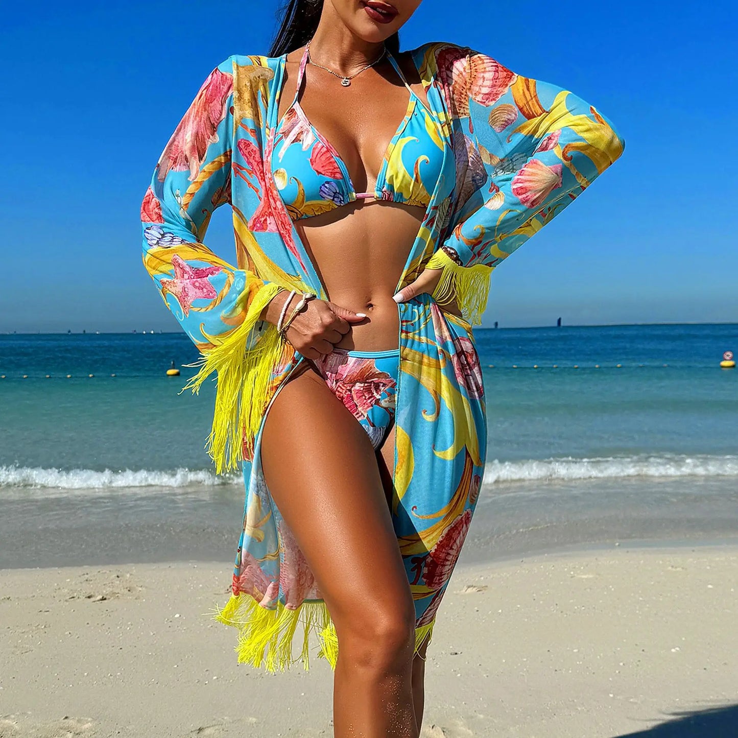 2024 Three Pieces Bikini Set Cover Up Swimwear High Waisted Bikini Set Women's Swimwear Print  For Female Bath Suit Tropical