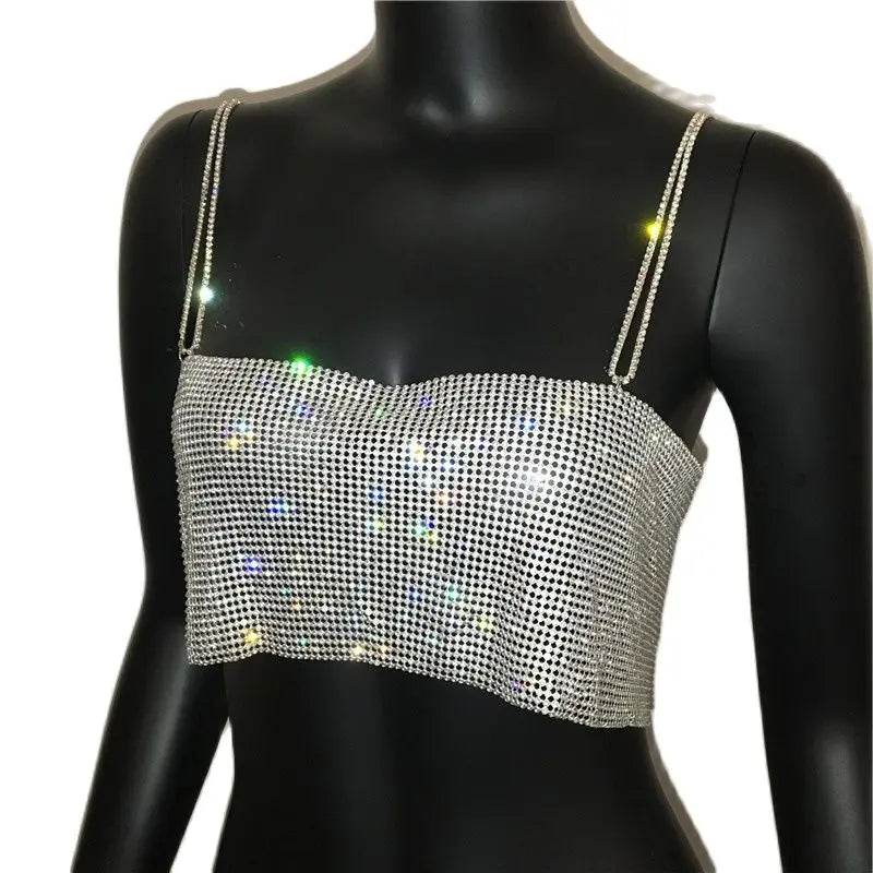 FestivalQueen 2023 Sequin Shiny Crystal Chain Tank Top Glitter Metal Mesh Halter Metallic Strap Crop Tops Festival  Party Sexy W