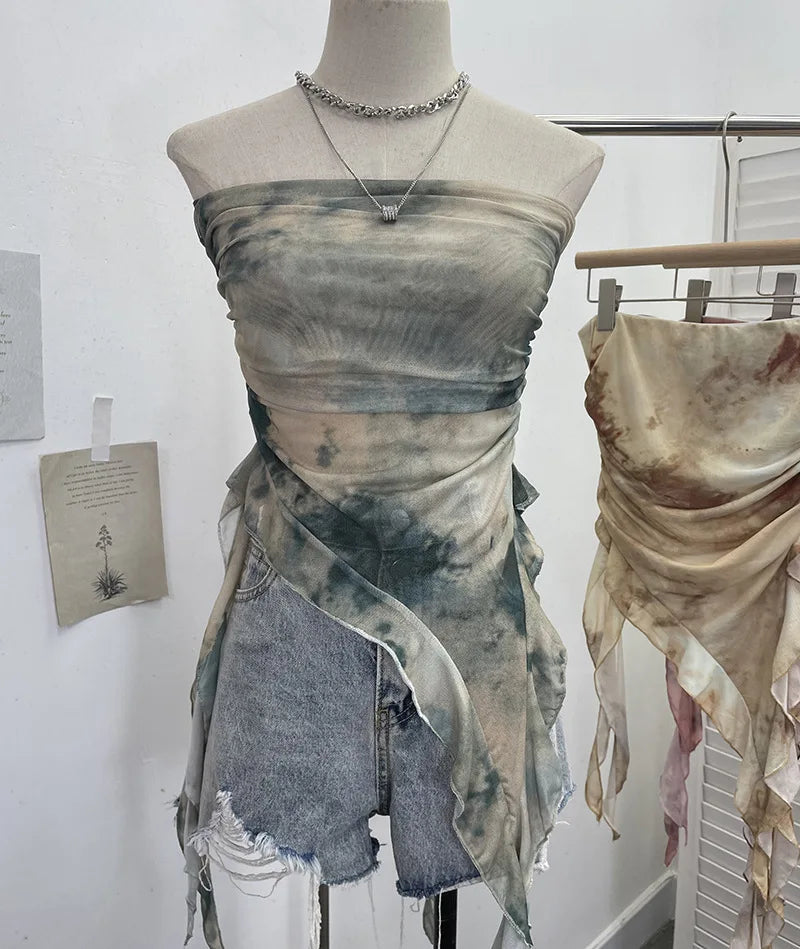 Women's Tie Dye Ruffled Ribbon Mesh Tube Top Irregular Mesh Sleeveless Tube Top Sexy Backless Vest Party Leisure Essential 9956