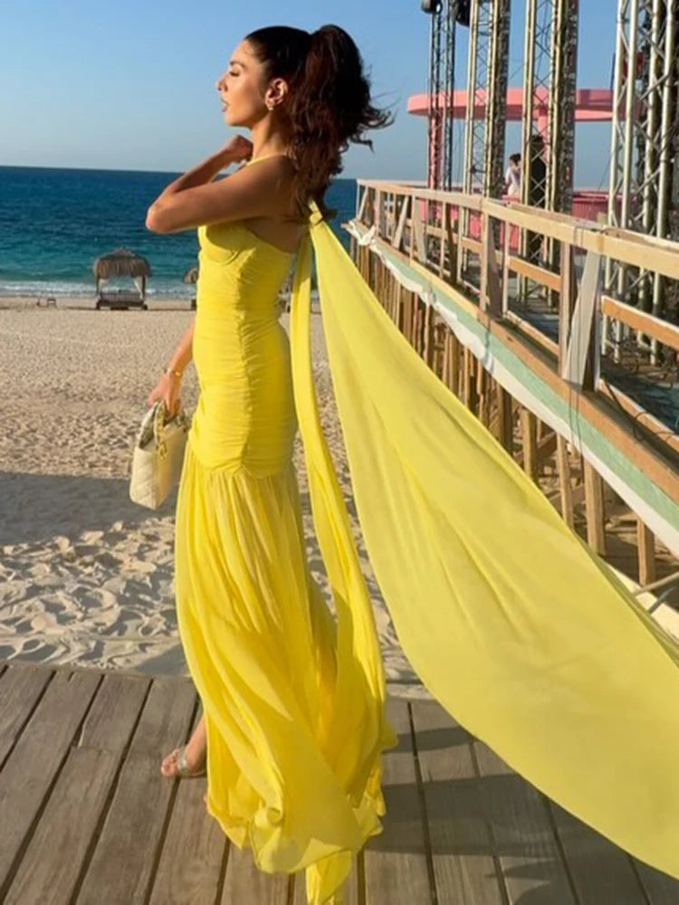 VC Yellow Halter Neck Tie Closure Ruched Long Dress Mesh Key Hole High Slit Pleated Celebrity Birthday Party Cocktail Dress