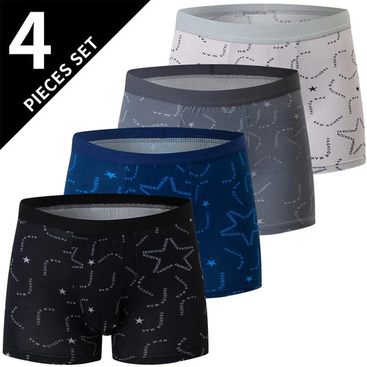 4 Pcs European and American Size MEN'S Printed Fashion Boyshort Comfortable MEN'S Waist plus Size Underwear Sexy Swimming Trunk