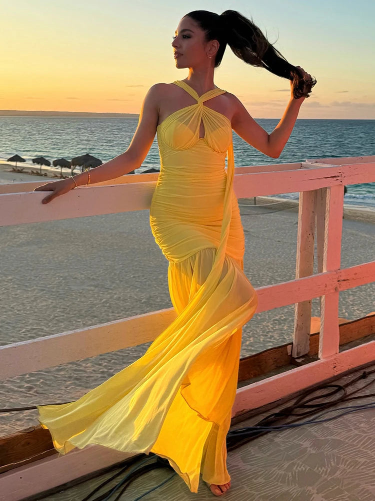 VC Yellow Halter Neck Tie Closure Ruched Long Dress Mesh Key Hole High Slit Pleated Celebrity Birthday Party Cocktail Dress