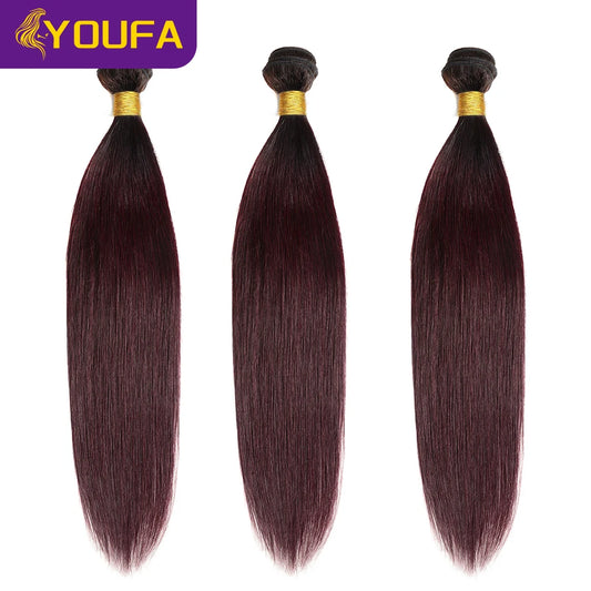 YOUFA 1B 99J Human Hair Bundles With Closure Pre Plucked Ombre Dark Burgundy Straight Hair Weave Bundles With 4x4 Lace Closure