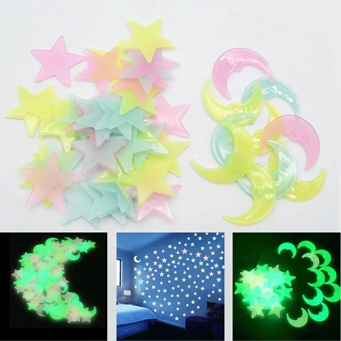 100Pcs Stars and The Moon Luminous Stickers Fluorescent Stickers Dormitory Home Childrens Room Decoration DIY  Wall Stickers