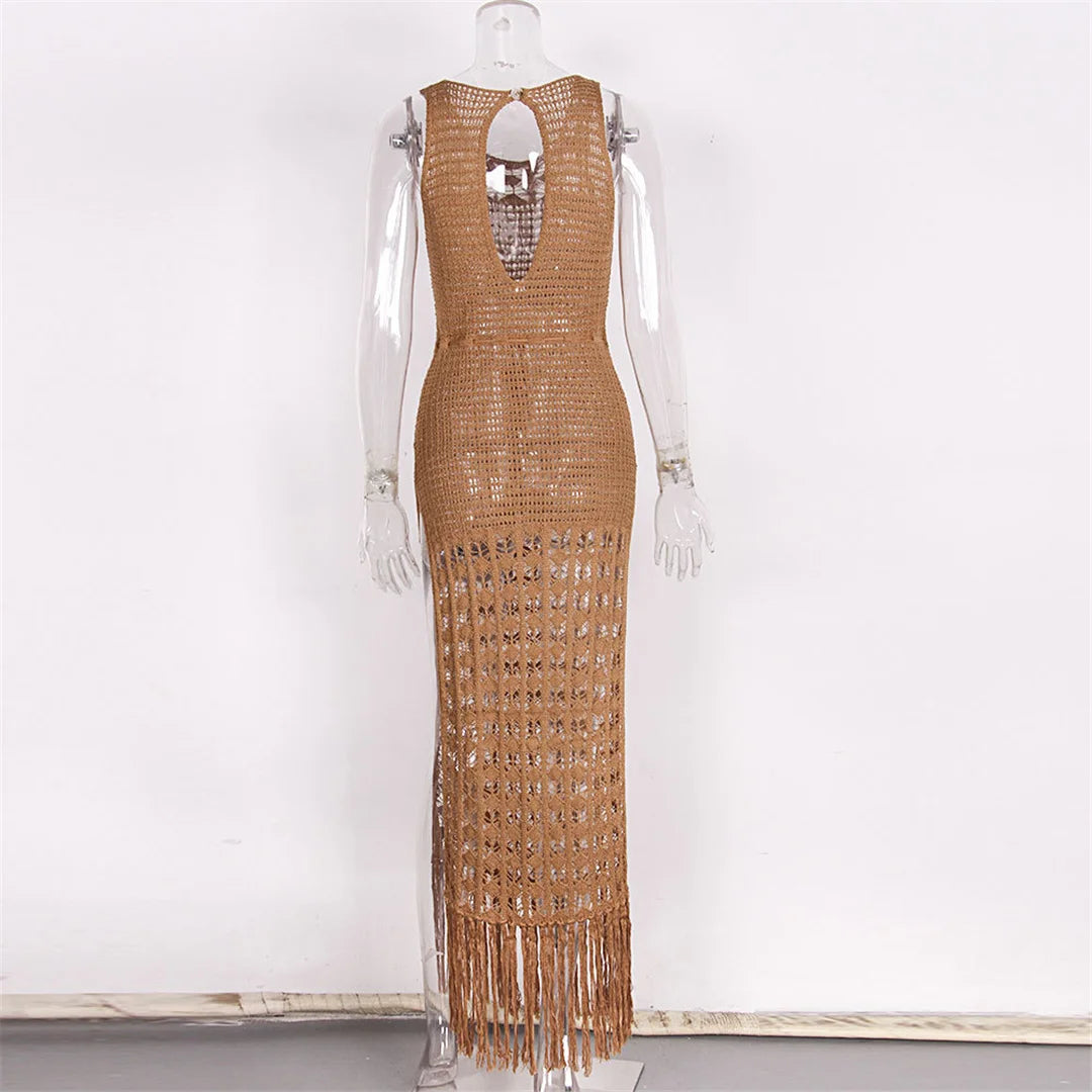S- XL Fringe Tassel Side Slit Knitted Crochet Dress Hollow Out Boho Maxi Long Dress Beach Cover-ups Beach Dress Beachwear DV3802
