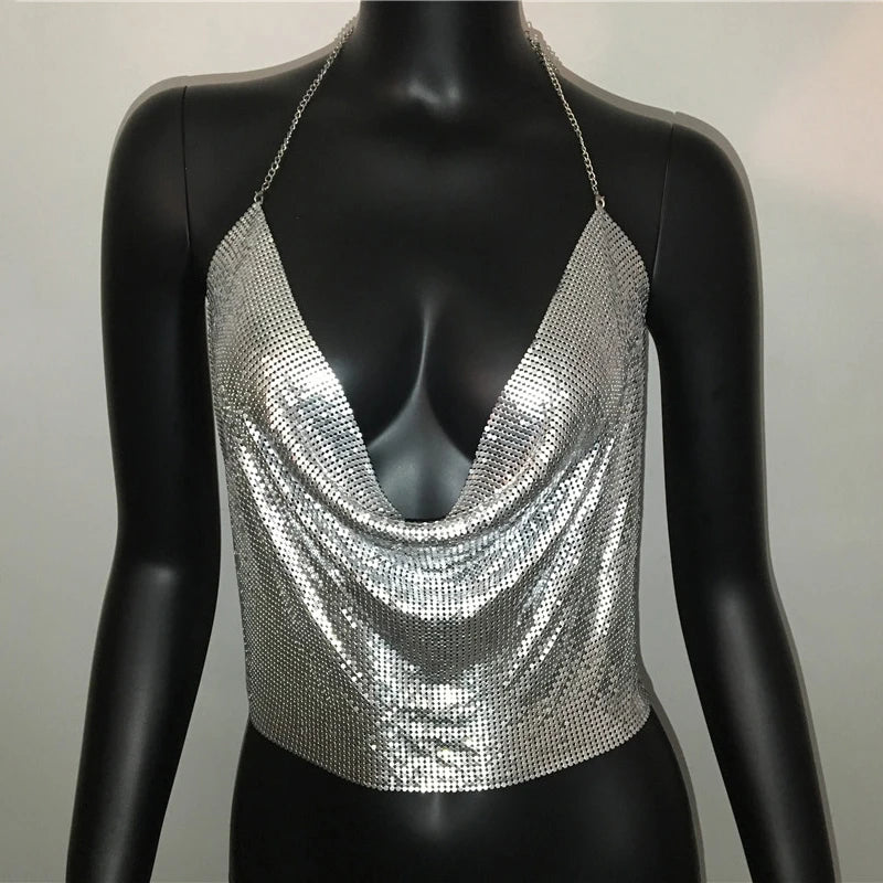 Sexy Metal Sequins Tank Top For Women 2025 Summer V Neck Backless Crop Tops Luxury Solid Short Party Nightclub Tank Tops