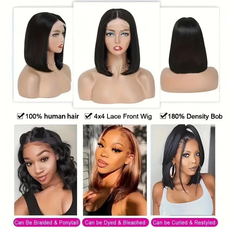 Bob Wigs Black Short Straight 180% Density  Bob Wig 4x4 Lace Wig 100% Remy Human Hair For Women Human Hair