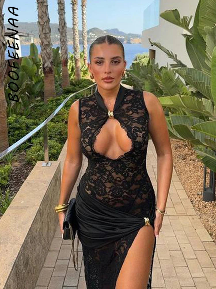 BOOFEENAA See Through Lace Sexy Black Dresses Women 2024 Hollow Out Sleeveless High Split Long Dress Party Club Outfits C92-EI32