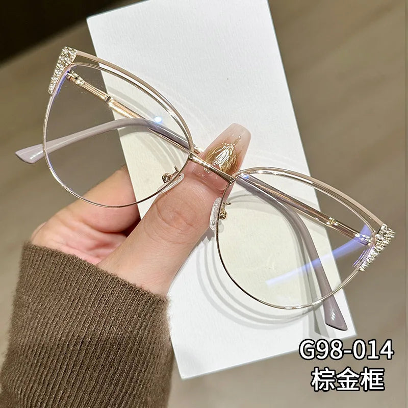 2025 new exquisite diamond studded metal eyeglass frame for women anti blue light glasses fashionable cat eye computer goggles
