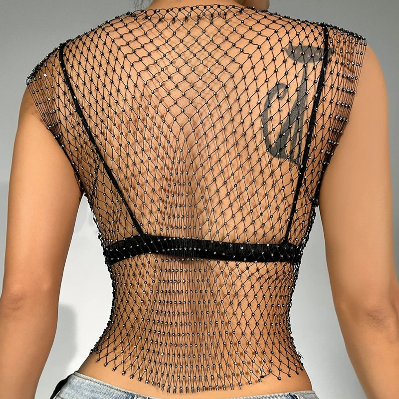 New Sexy Mesh Crop Tops for Women Summer Rhinestones Fashion Party Club See Through Fishnet Tank Hollow Out Backless Top