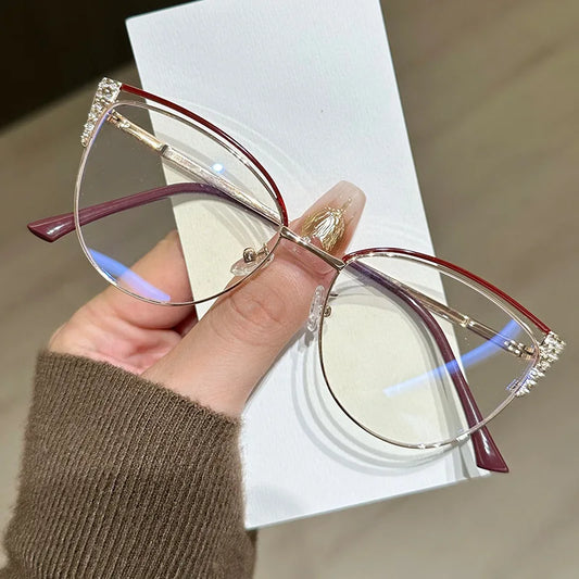 2025 new exquisite diamond studded metal eyeglass frame for women anti blue light glasses fashionable cat eye computer goggles
