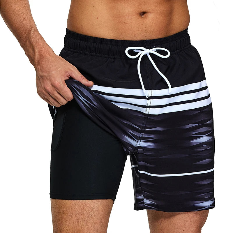 ESCATCH 2025 New Arrival Mens Swimming Trunks Compression Liner 2 in 1 Printing Quick-Dry Gym Sports Mens Shorts Zipper Pockets