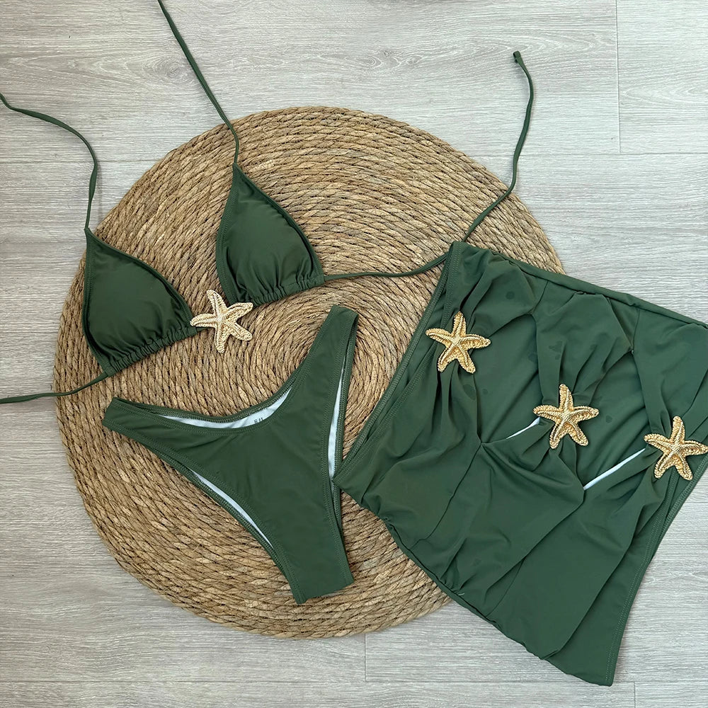 Sexy starfish 3 Pieces Bikinis 2025 Swimsuit For Women Black Swimwear Brazilian Bikini Set Biquini Female Swimuits Beachwear