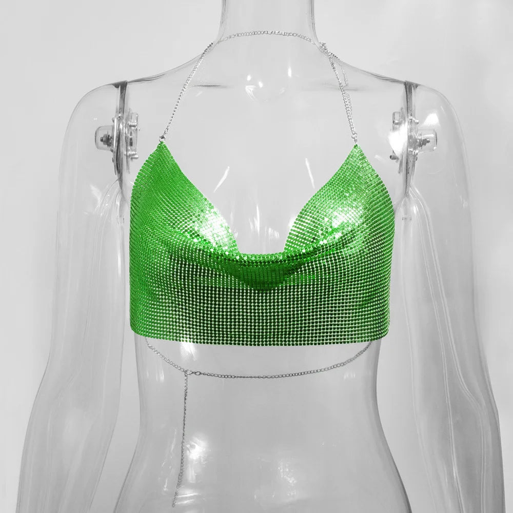 Glitter Metal Sequins Crop Tops For Women Sexy V Neck Backless Halter Tank Top Rave Party Nightclub Camisole Croppe