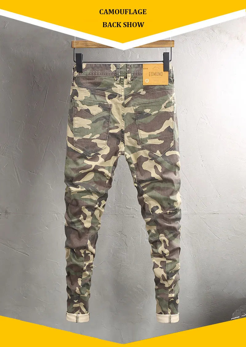 Fashion Vintage Men Jeans Camo Trousers Elastic Slim Fit Hip Hop Jeans Men Spliced Designer Casual Denim Pants