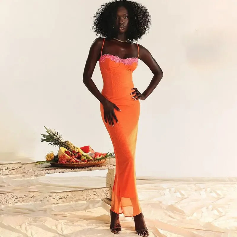 Sexy Long Dress Women's European American Style Summer New Arrival Lace Trimmed Tank Dress Sleeveless For All Occasions